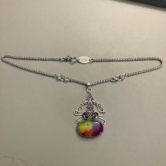925 sterling silver overlay amethyst & Rainbow solar quartz stone charm necklace - Picture 9 of 11